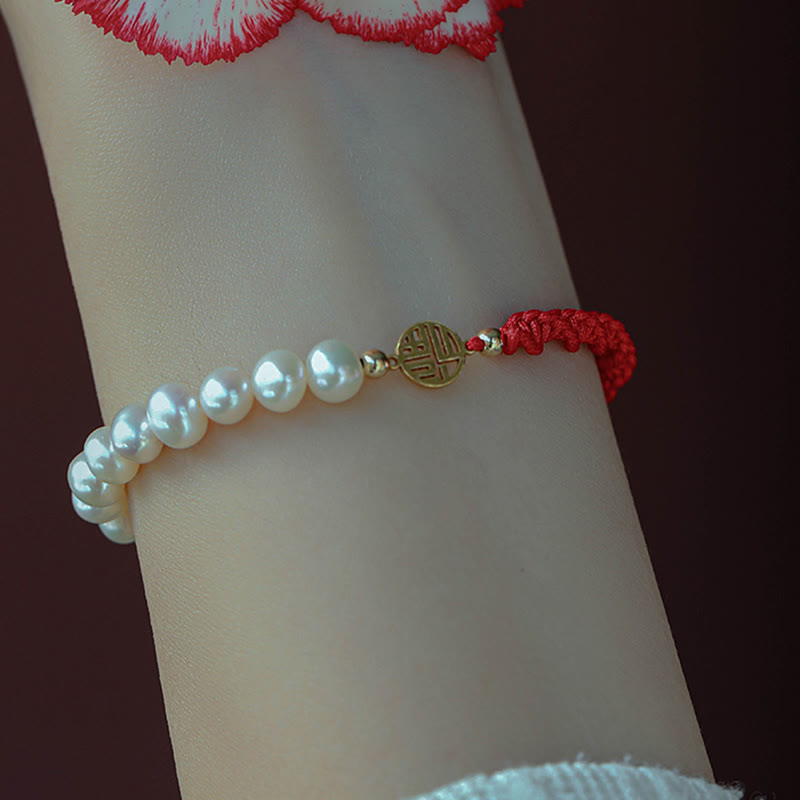 KarmaRipple's 14K Gold Plated Pearl Bead Fortune Protection Braid Red String Bracelet p16