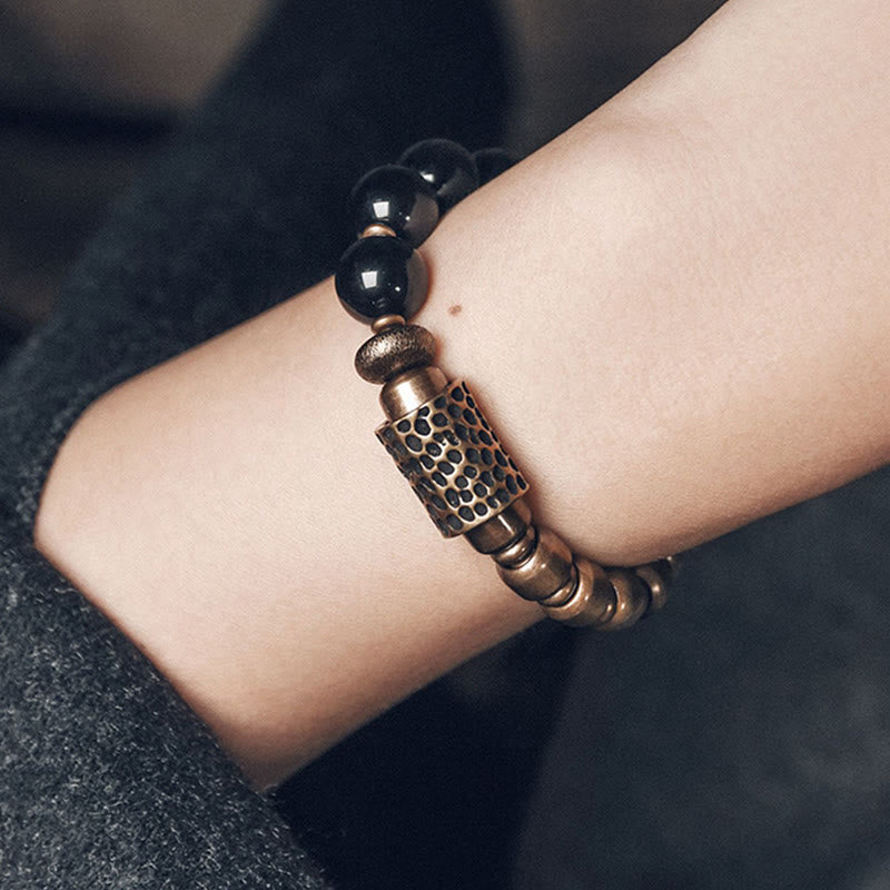 KarmaRipple's Lava Rock Stone Rainbow Obsidian Bronze Support Balancing Bracelet p16