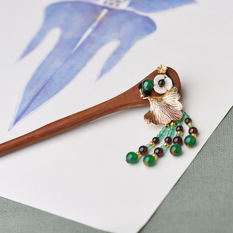 KarmaRipple's Red Sandalwood Green Agate Ginkgo Leaf Protection Hairpin p2