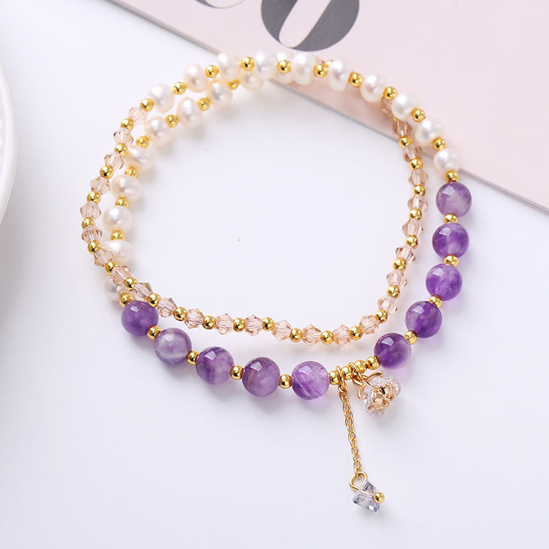 KarmaRipple's Authentic Amethyst Aquamarine Strawberry Quartz Pearl Peace Balancing Double Wrap Bracelet p1