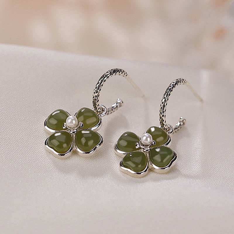KarmaRipple's 925 Sterling Silver Authentic Cyan Jade Four Leaf Clover Fortune Success Earrings p11