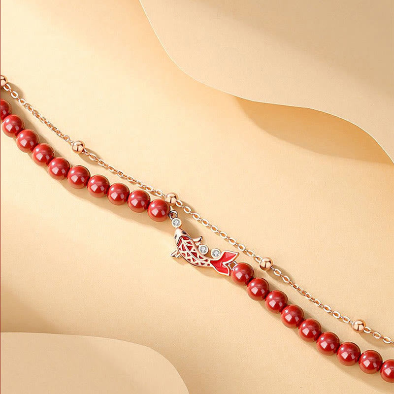 KarmaRipple's 925 Sterling Silver Fortunate Koi Fish Cinnabar Zircon Prosperity Double Layer Chain Bracelet p6