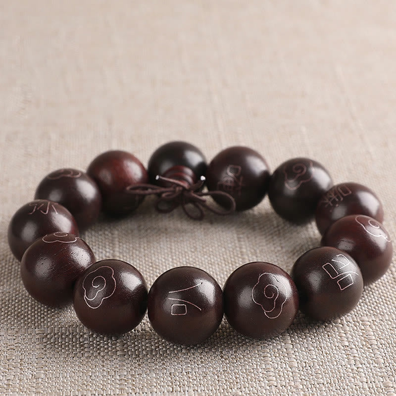 KarmaRipple's 925 Sterling Silver Inlaid Small Leaf Red Sandalwood Om Mani Padme Hum Character Auspicious Clouds Protection Bracelet p27