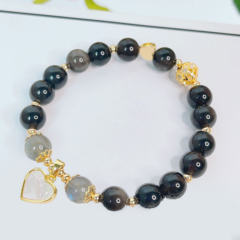 KarmaRipple's Authentic Silver Sheen Obsidian Love Heart Star Flower Protection Bracelet ( p5