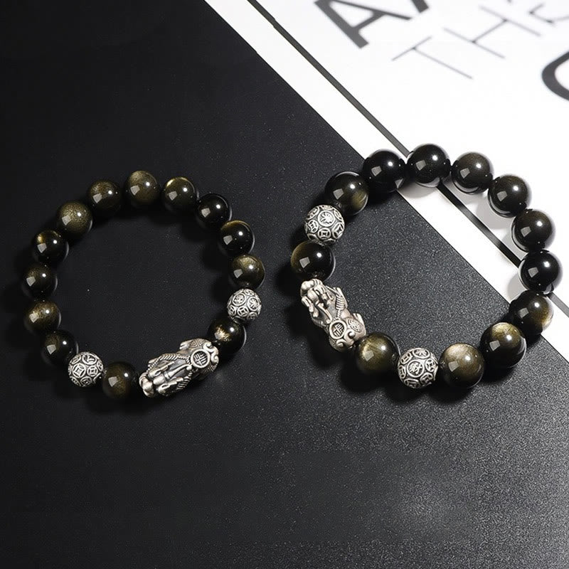 KarmaRipple's 925 Sterling Silver Authentic Gold Sheen Obsidian PiXiu Wealth Protection Bracelet p7