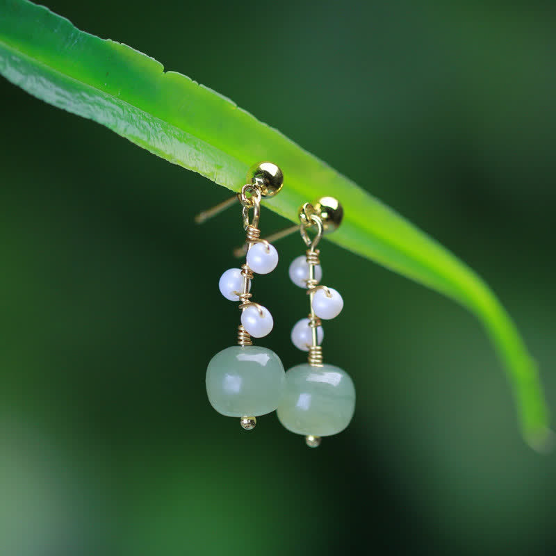KarmaRipple's Hetian Jade Flower Pattern 14K Gold Plated Fortune Drop Dangle Earrings p6