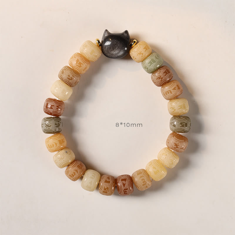 KarmaRipple's Bodhi Seed Silver Sheen Obsidian Cat Head Om Mani Padme Hum Engraved Balance Bracelet p6