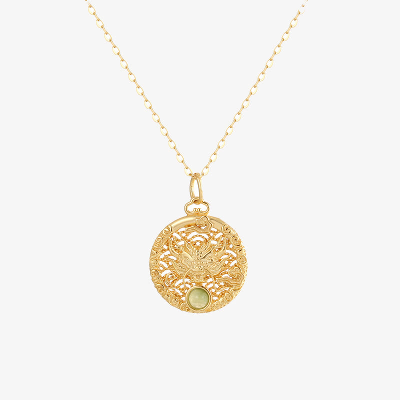 KarmaRipple's 925 Sterling Silver Year Of The Dragon Round Authentic Hetian Jade Inlaid Strength Pendant Necklace ( p8