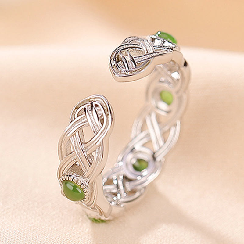 KarmaRipple's 925 Sterling Silver Plated Gold Cyan Jade Woven Design Success Fortune Adjustable Ring p8