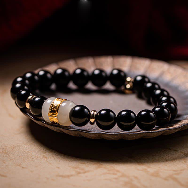 KarmaRipple's Black Obsidian Jade Om Mani Padme Hum Strength Pair Magnetic Bracelet p21