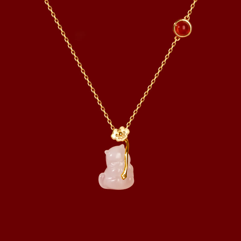 KarmaRipple's 925 Sterling Silver Plated 18K Gold Hetian Jade Ruyi Cat Cinnabar Fortune Bracelet Pendant Necklace Set p22