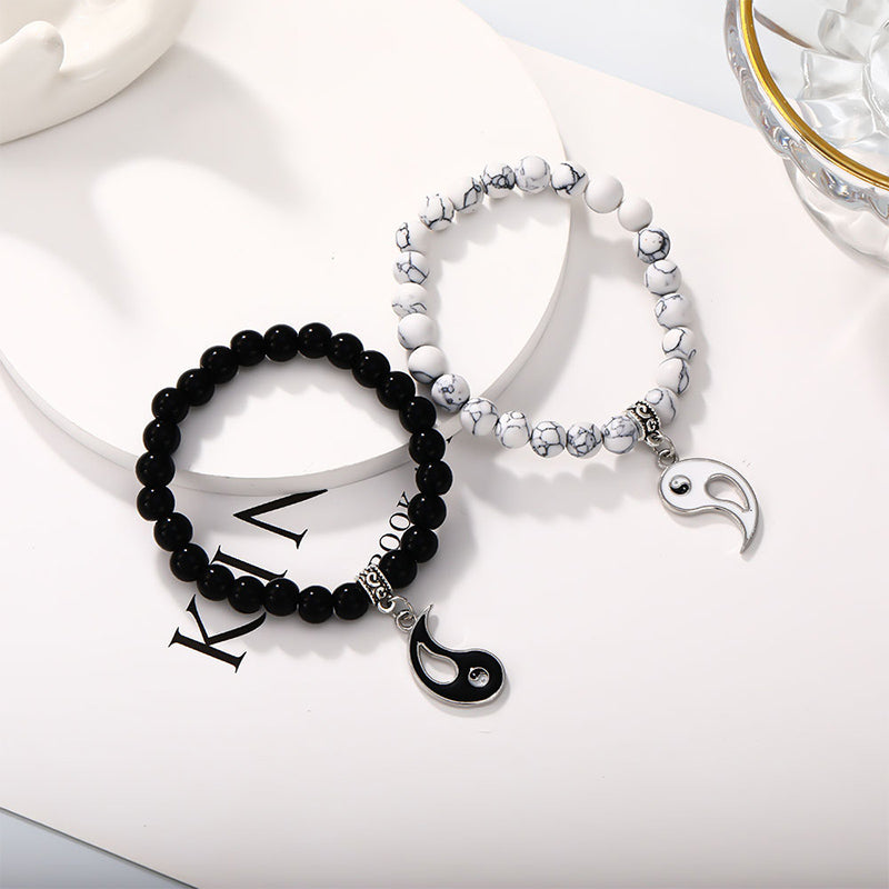 KarmaRipple's 2Pcs Black Onyx Ivory Turquoise Bead Yin Yang Protection Pair Bracelet p7