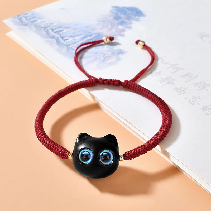 KarmaRipple's Ebony Wood Cat Head Pattern Peace King Kong Weave Woven Bracelet p1