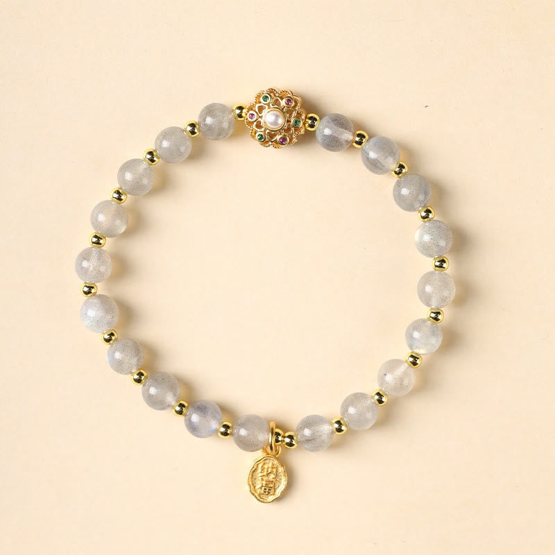 KarmaRipple's 14K Gold Plated Authentic Strawberry Quartz Labradorite Sun Stone Fu Character Positive Talisman Bracelet p2