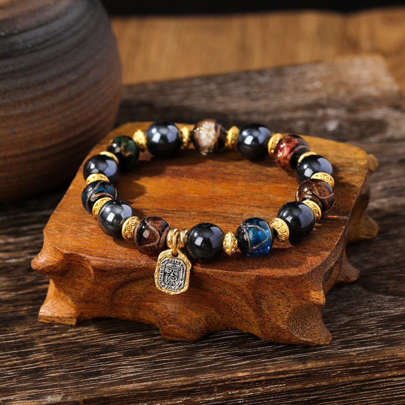 KarmaRipple's Tibetan Zakiram Goddess of Wealth Liuli Glass Incense Ash Porcelain Bead Fortune Bracelet ( p23