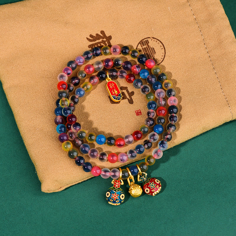 KarmaRipple's Colorful Candy Agate Gold Swallowing Beast Family Strength Talisman Triple Wrap Bracelet p3