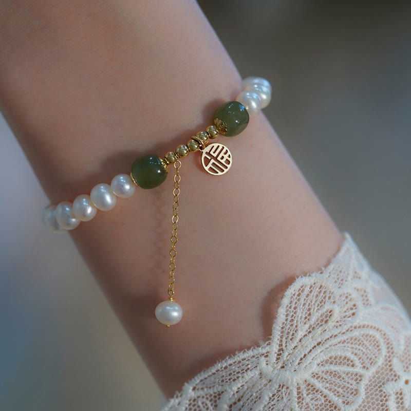 KarmaRipple's Authentic Pearl Hetian Jade Happiness Wisdom Bead Bracelet p3