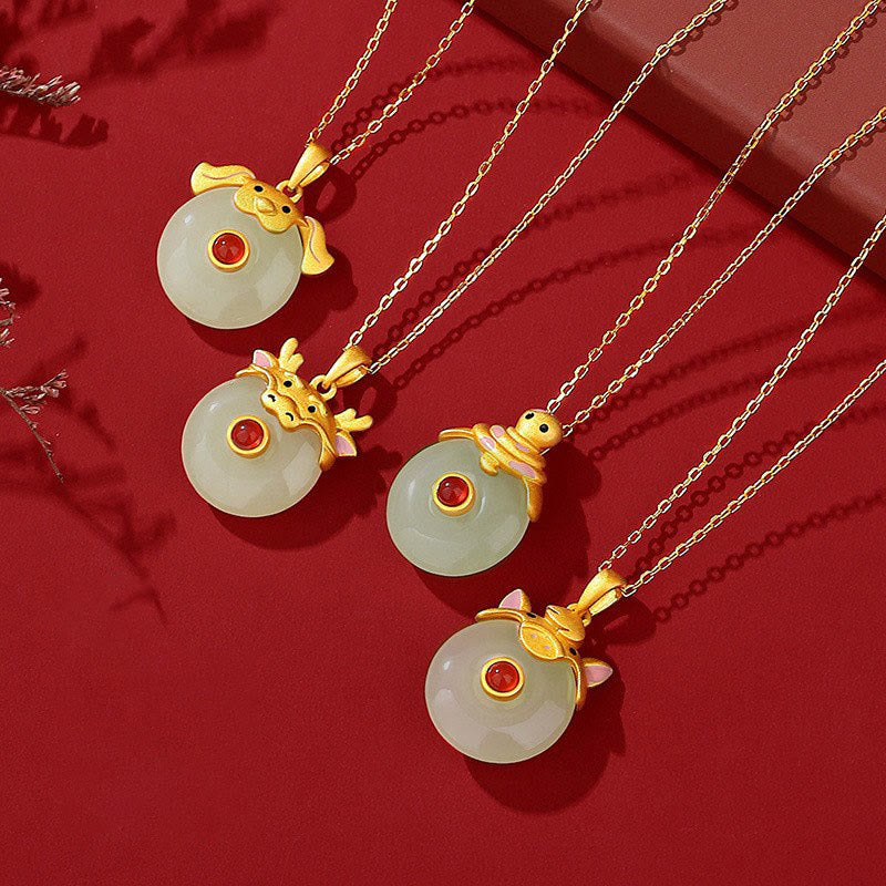 KarmaRipple's 925 Sterling Silver Hetian Jade Chinese Zodiac Year of the Dragon Red Agate Fortune Protection Pendant Necklace ( p13