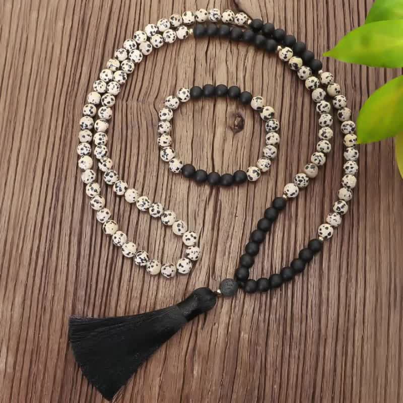 KarmaRipple's 108 Mala Beadwork Zebra Jasper Frosted Stone Protection Tassel Bracelet ( p3