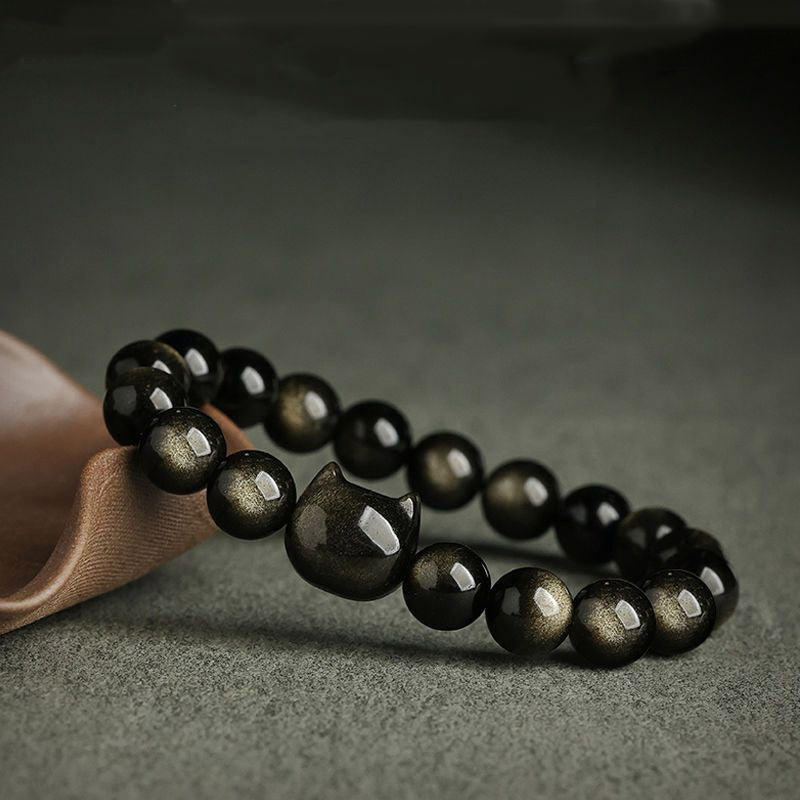 KarmaRipple's Gold Sheen Obsidian Silver Sheen Obsidian Lovely Paw Fortunate Cat Protection Bracelet p14