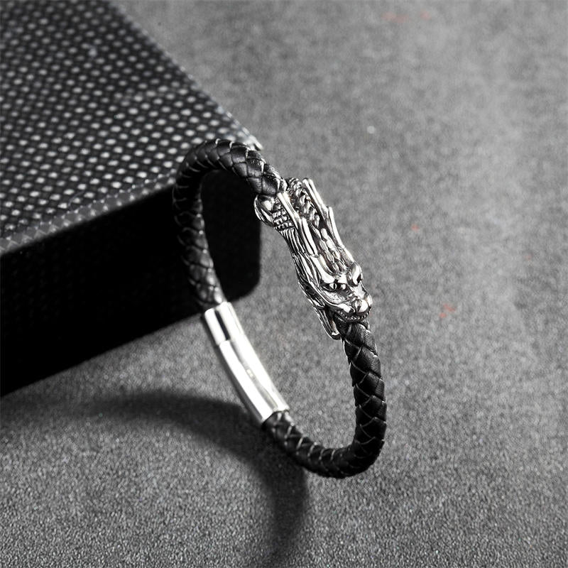 KarmaRipple's Dragon Leather Titanium Steel Fortune Woven Bracelet Bangle ( p1