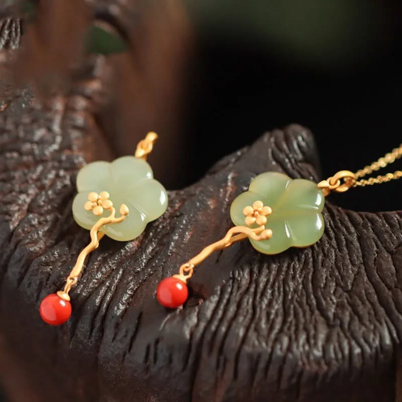 KarmaRipple's Vintage Plum Blossom Flower Jade Red Agate Prosperity Pendant Necklace p2