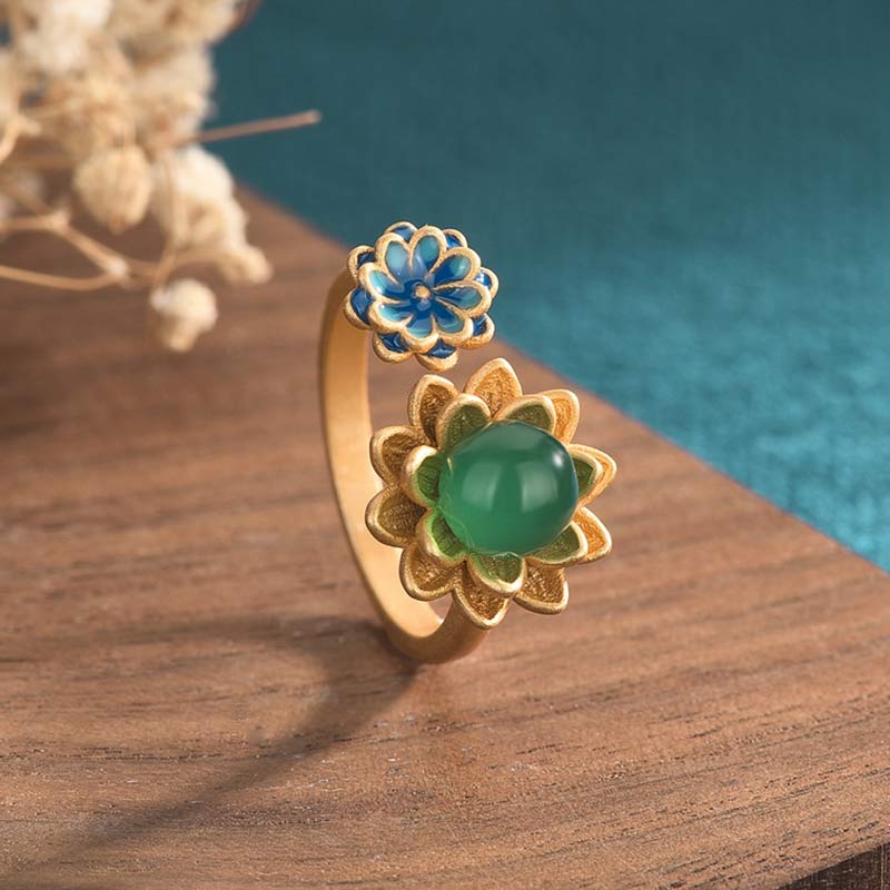 KarmaRipple's Lotus Pattern Jade Abundance Adjustable Ring p1