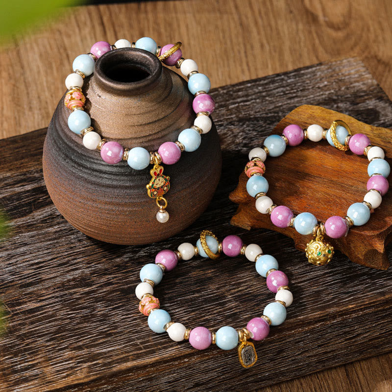 KarmaRipple's Tibetan Zakiram Goddess of Wealth Rabbit Lion Head Talisman Liuli Glass Incense Ash Porcelain Bead Protection Bracelet p4