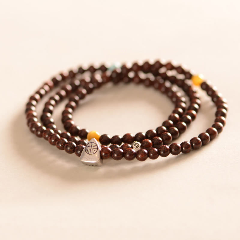 KarmaRipple's 925 Sterling Silver Indian Small Leaf Red Sandalwood Fu Character Protection Triple Wrap Bracelet p3