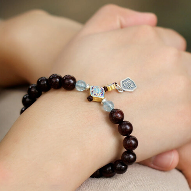 KarmaRipple's 925 Sterling Silver Indian Small Leaf Red Sandalwood Aquamarine Full of Gold Star Chinese Knotting Blessing Bracelet p8