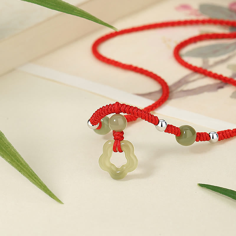 KarmaRipple's 925 Sterling Silver Authentic Hetian Cyan Jade Flower Pentagram Fortune Red Rope Pendant Necklace Bracelet Set p5