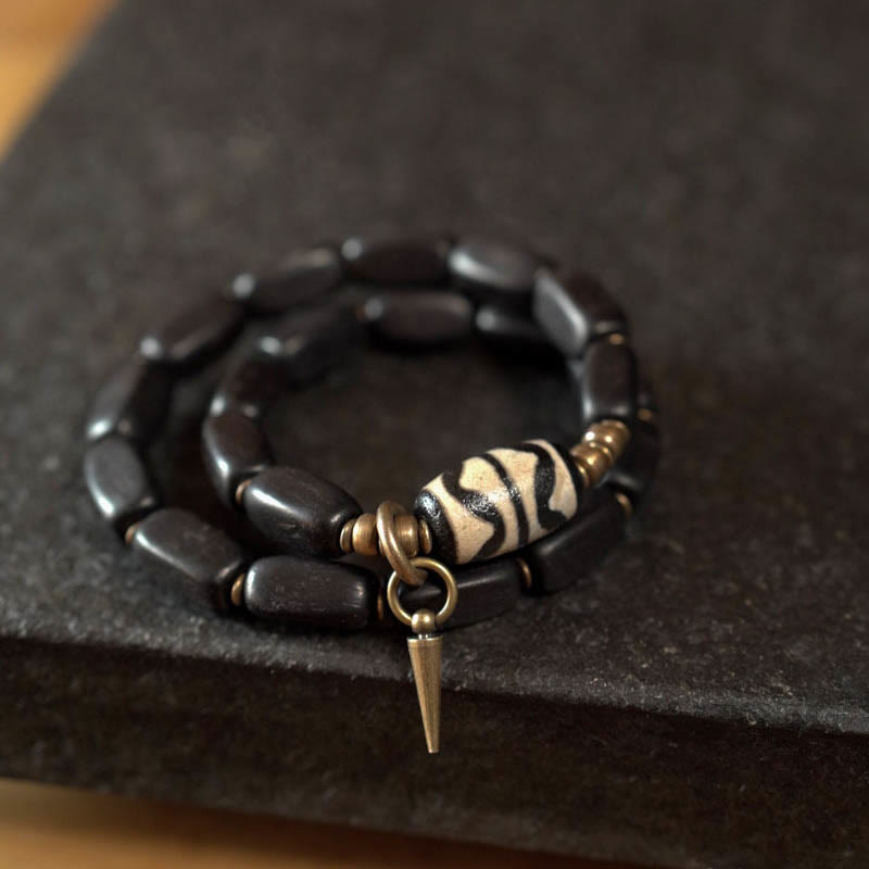 KarmaRipple's Tibet Ebony Wood Dzi Bead Bronze Balance Double Wrap Bracelet p27