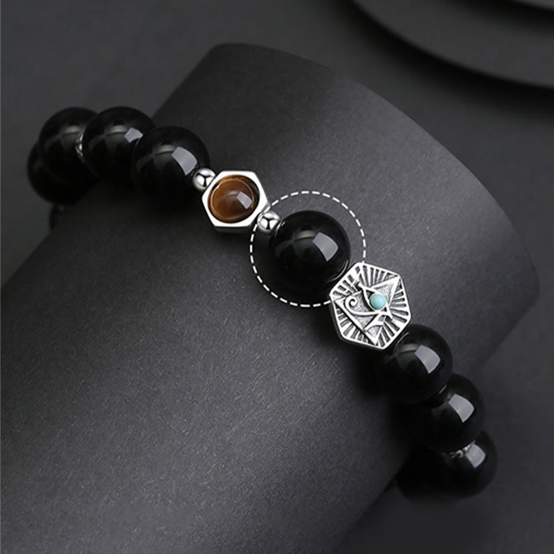 KarmaRipple's 925 Sterling Silver Black Obsidian Tiger Eye Eye of Providence Purification Bracelet p8