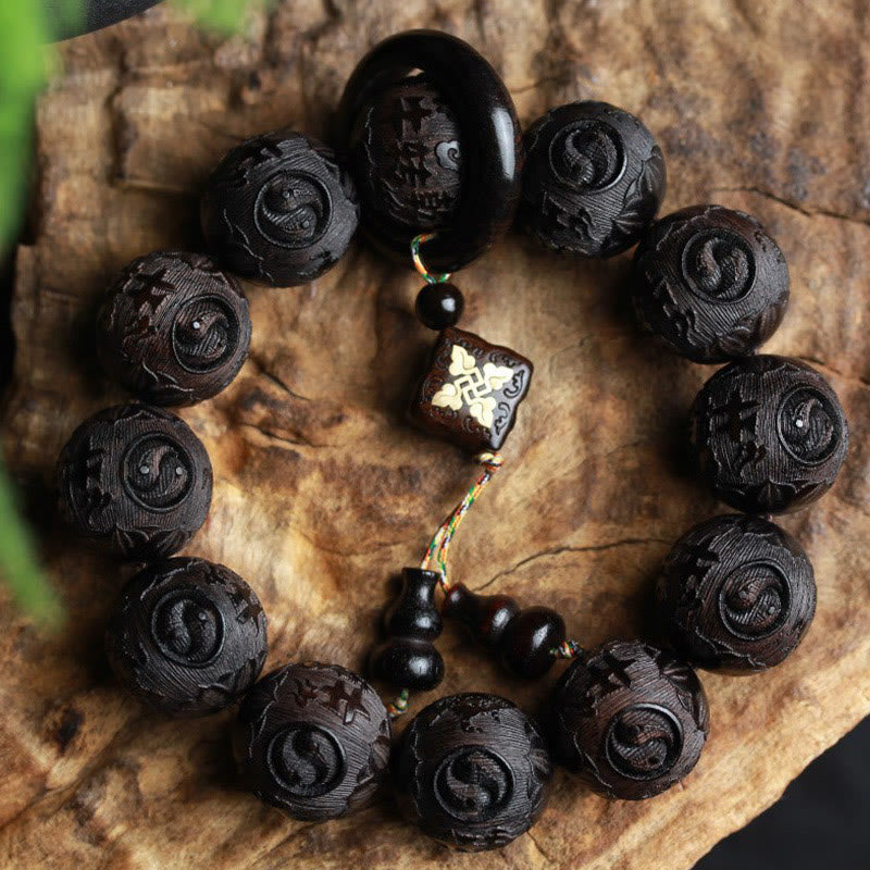 KarmaRipple's Ebony Wood Chinese Character Yin Yang Engraved Gourd Balance Bracelet p1