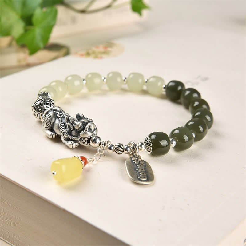KarmaRipple's 925 Sterling Silver Authentic Hetian Jade Amber PiXiu Fortune Bracelet p6
