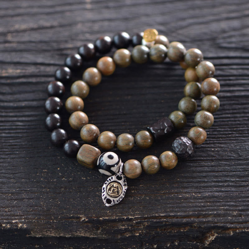 KarmaRipple's Tibetan Green Sandalwood Ebony Wood Three-eyed Dzi Bead Fu Character Balance Peace Double Wrap Bracelet p15