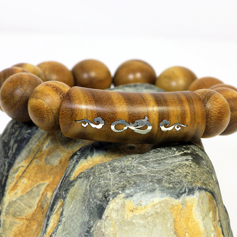 KarmaRipple's 999 Sterling Silver Green Sandalwood Om Mani Padme Hum Dragon Phoenix Dharmachakra Inlaid Peace Bracelet p28
