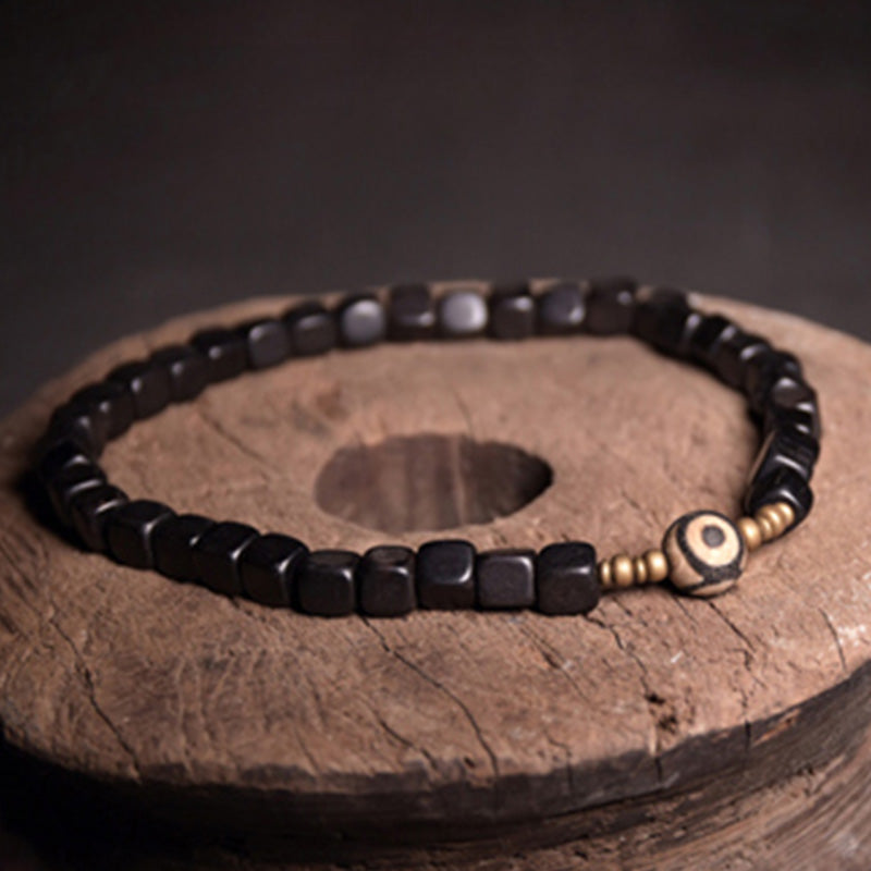 KarmaRipple's Ebony Wood Dzi Bead Bronze Peace Pair Bracelet p8