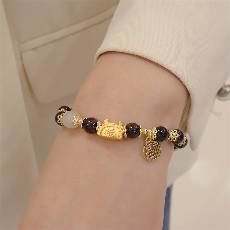 KarmaRipple's Year Of The Dragon Red Agate Strawberry Quartz Black Obsidian Jade Garnet Pearl Cinnabar Dumpling Dragon Fortune Fu Character Bracelet p27