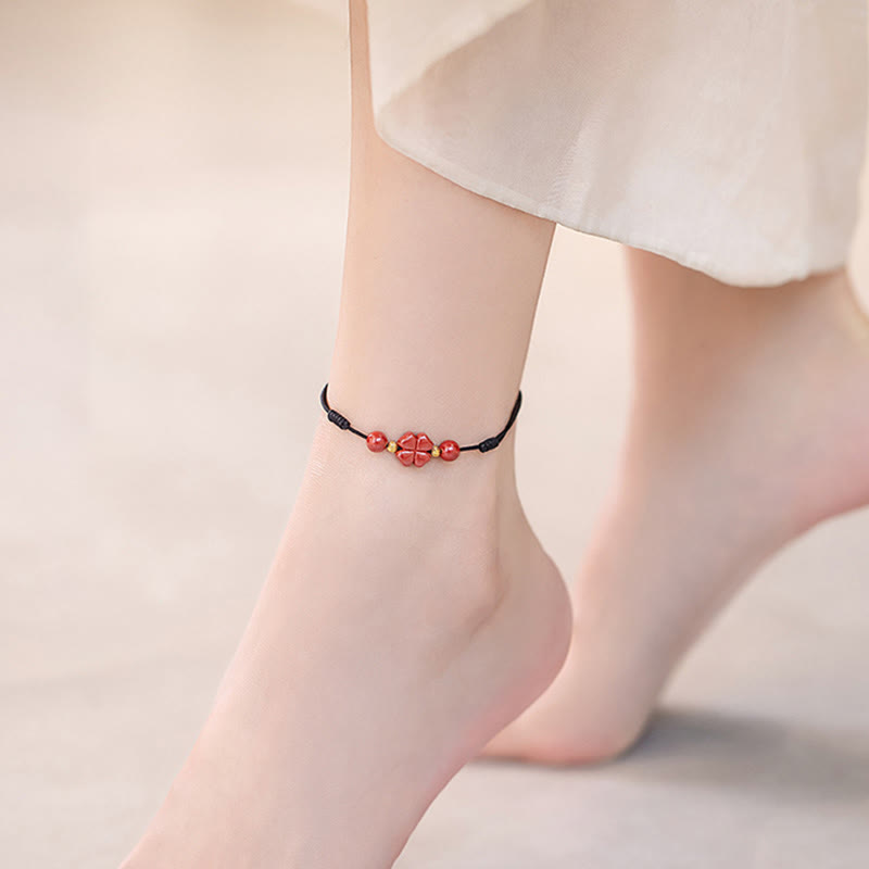KarmaRipple's Four Leaf Clover Cinnabar Blessing Calm String Bracelet Anklet p26