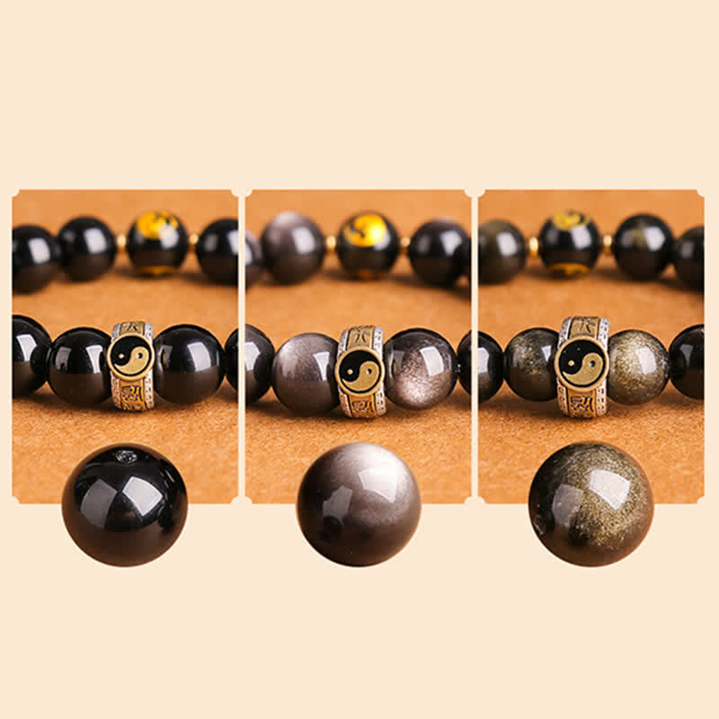 KarmaRipple's 925 Sterling Silver Black Obsidian Gold Sheen Obsidian Silver Sheen Obsidian Yin Yang Protection Bracelet p22