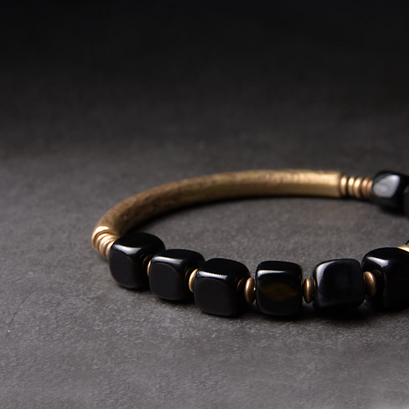 KarmaRipple's Black Obsidian Gemstone Bronze Strength Pair Bracelet p7