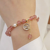 KarmaRipple's Strawberry Quartz Pearl Elk Smiley Face Fishtail Fu Character Talisman Balancing Bracelet