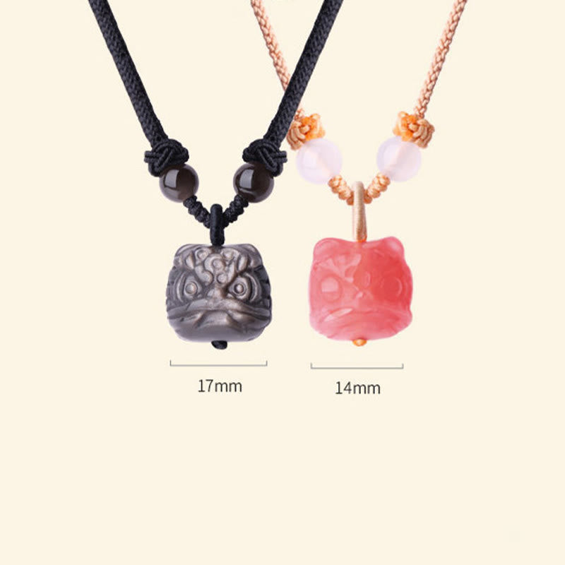 KarmaRipple's Authentic Silver Sheen Obsidian Red Agate Dancing Lion Protection Pendant Necklace p10