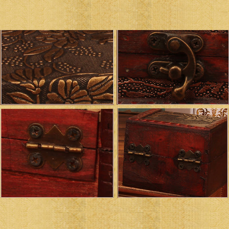 KarmaRipple's Retro Small Square Wood Jewelry Box Lotus Grass Flower Grape Bronze Coin Daffodil Jewelry Storage Box p26