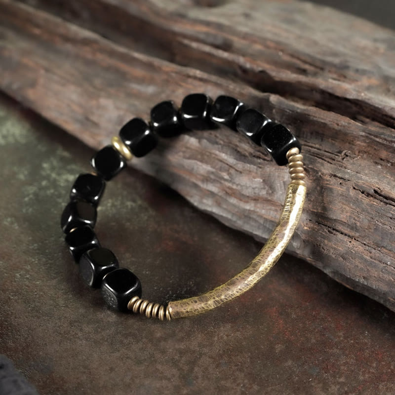 KarmaRipple's Black Obsidian Gemstone Bronze Strength Pair Bracelet p8