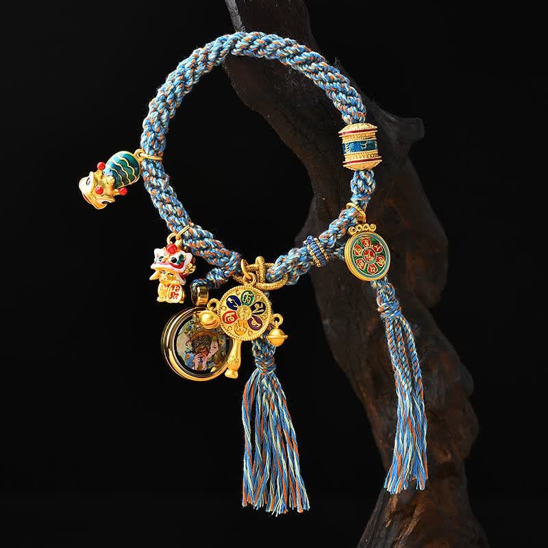 KarmaRipple's Tibetan Zakiram Goddess of Wealth Thangka Fortune Prayer Wheel Braid String Bracelet p1