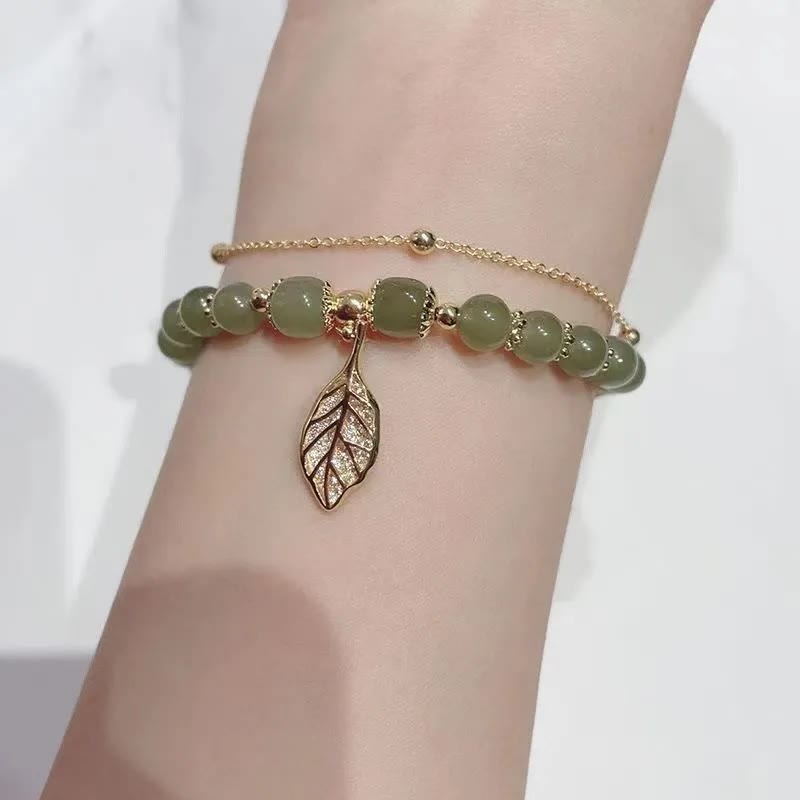 KarmaRipple's Jade Leaf Ginkgo Tulip Peanut Fu Character Fortune Beaded Bracelet p12
