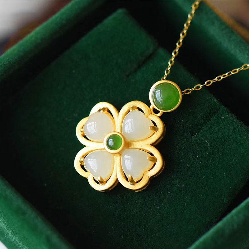 KarmaRipple's 925 Sterling Silver Fortunate Four Leaf Clover Jade Prosperity Pendant Chain Necklace p1