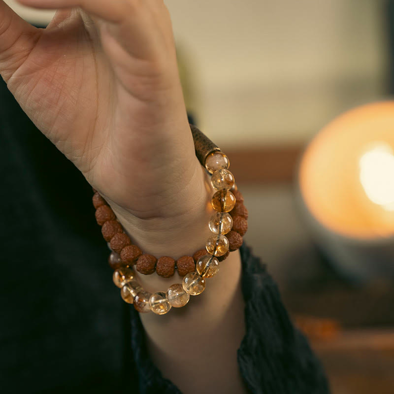 KarmaRipple's Authentic Citrine Gemstone Rudraksha Bodhi Seed Brass Bead Prosperity Double Wrap Bracelet p5